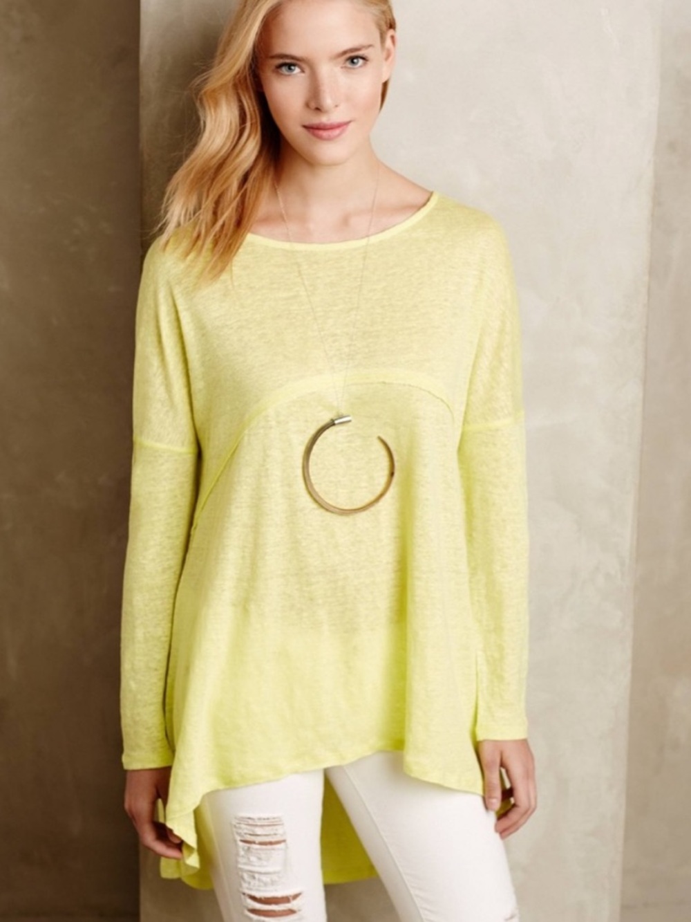 NWT Anthropologie Blue Tassel Yellow Pura Tunic 100% Linen Long Sleeve Small